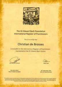 Certificat d'enregistrement de praticien délivré par le Centre Bach - Christian de Brosses